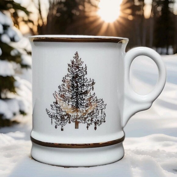 NEW RARE Williams Sonoma Gold Trimmed Christmas Tree Mug 14 OZ Porcelain - Picture 1 of 7